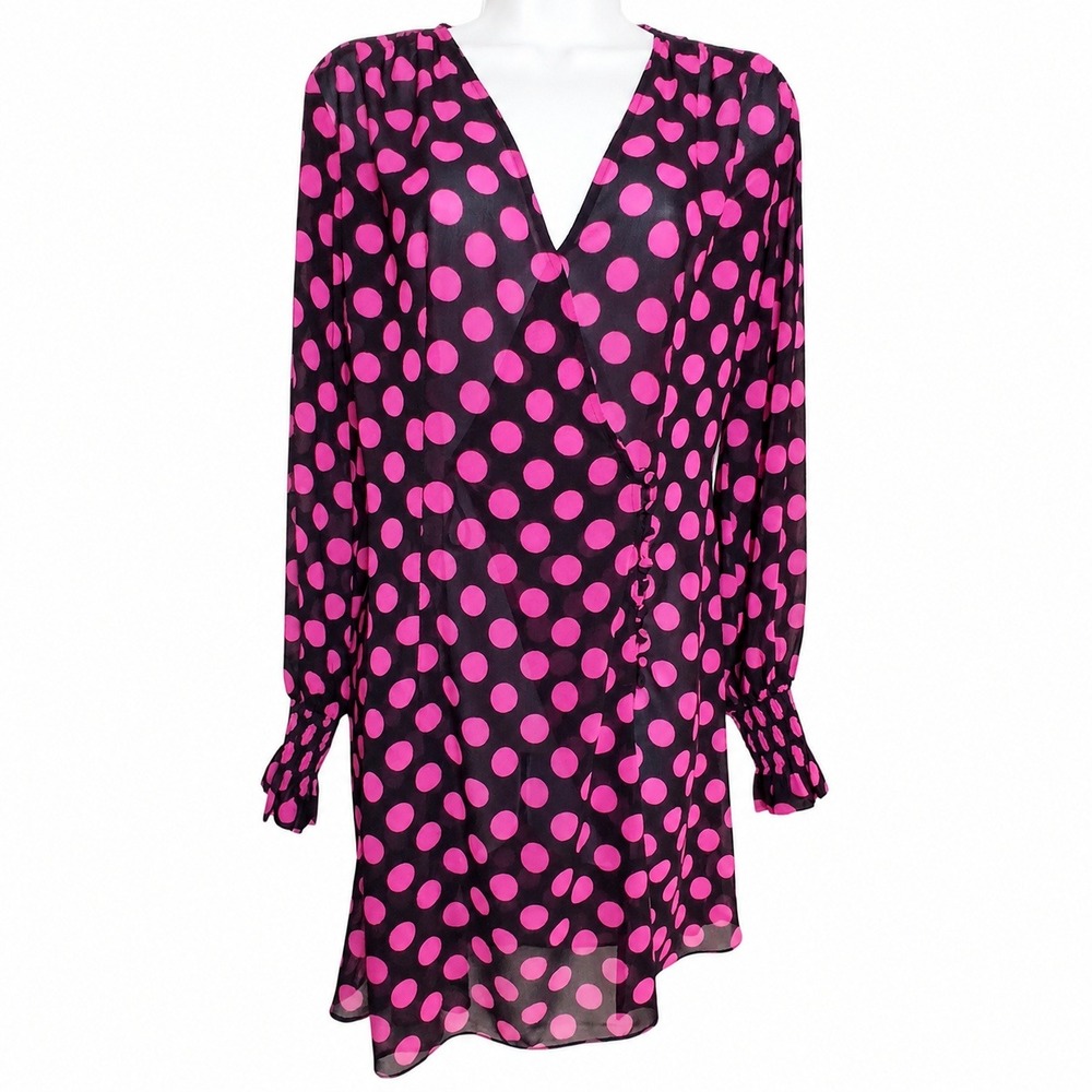 NEW L'Academie Sheer Mini Wrap Dress M Pink Polka Dot ShellOnly Coquette Revolve